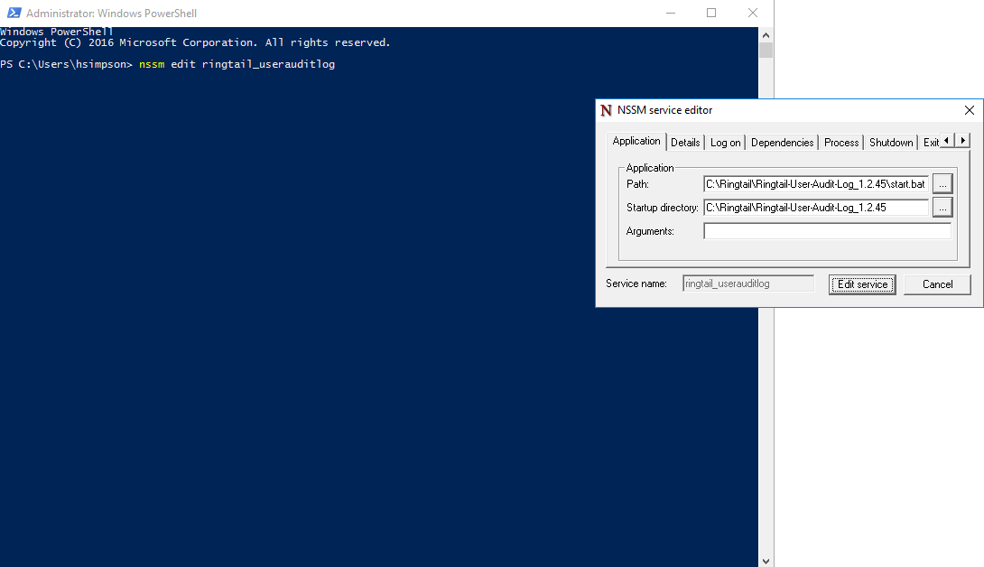 The NSSM service editor dialog box.